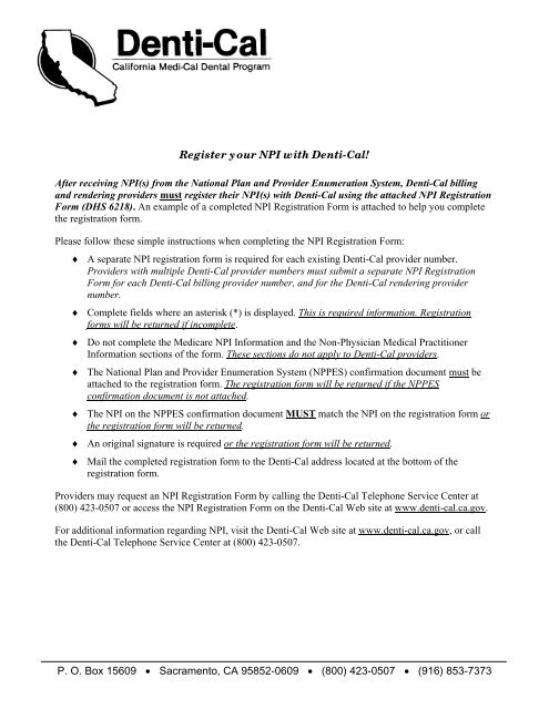 (NPI) Registration Form - Denti-Cal - State of California