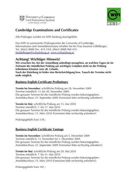 Cambridge Examinations and Certificates Achtung ... - WIFI Salzburg