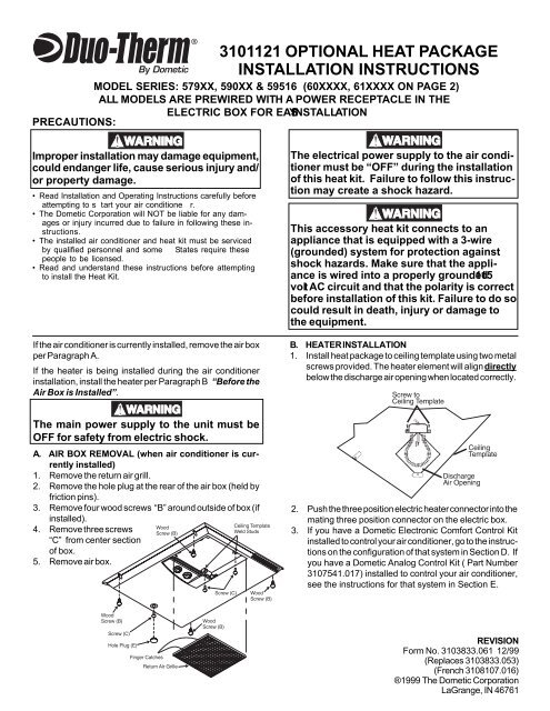 3101121 Optional Heat Package Installation Instructions - Bryant RV ...