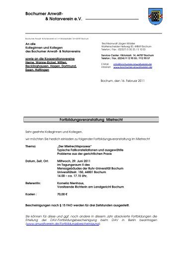 Einladung Mietrecht am 29.06.2011 - Bochumer Anwalt