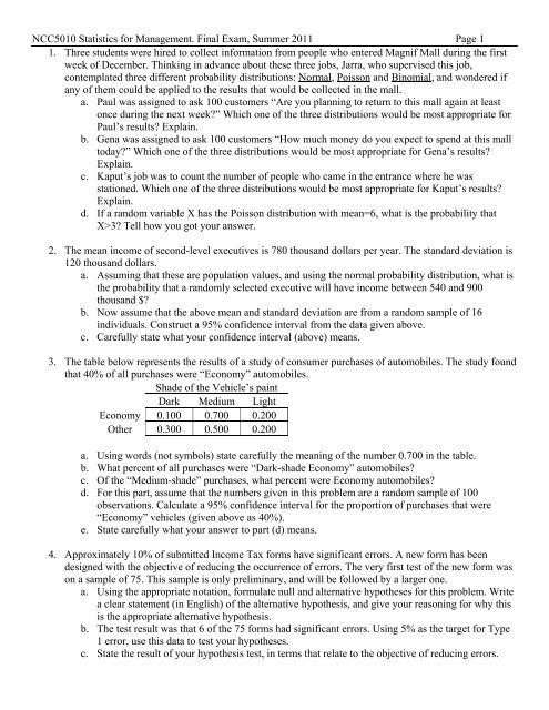 Ncc5010 Statistics For Management Final Exam Summer 2011