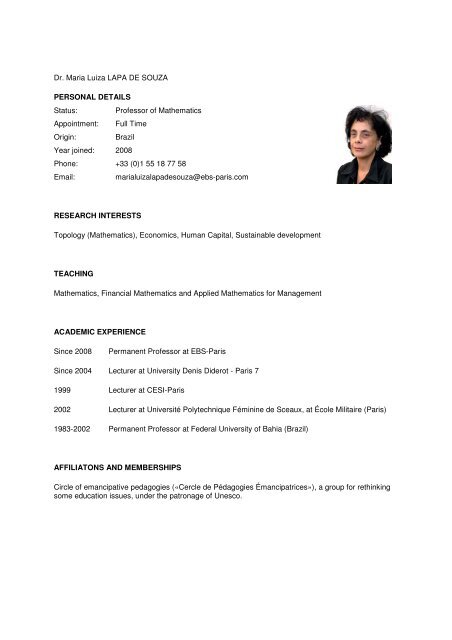 Dr. Maria Luiza LAPA DE SOUZA PERSONAL DETAILS ... - EBS Paris