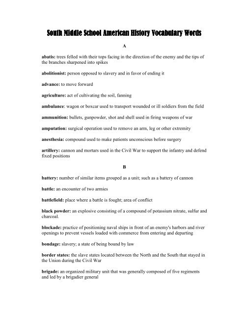 Civil War Vocab List PDF