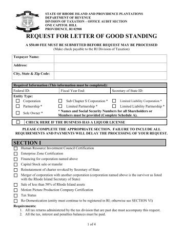 REQUEST FOR LETTER OF GOOD STANDING - Rhode Island ...