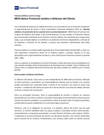 BBVA Banco Provincial nombra a Defensor del Cliente