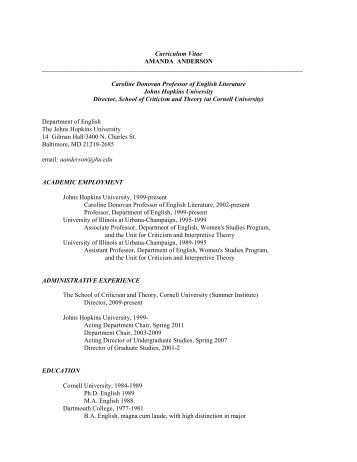 Curriculum Vitae AMANDA ANDERSON - English - Johns Hopkins ...