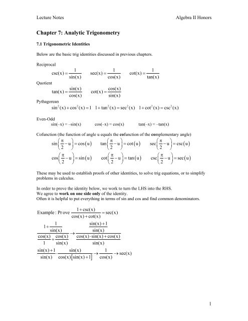 Chapter 7 Analytic Trigonometry