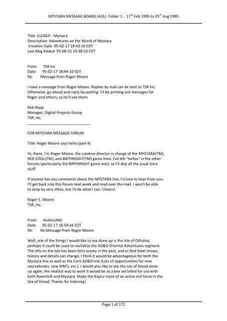 Mystara Message Board Aol Folder 1 17th Feb 1995 To