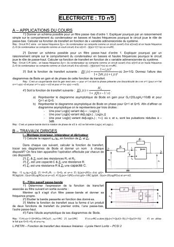 ELECTRICITE : TD nÂ°5 - Les CPGE de Loritz