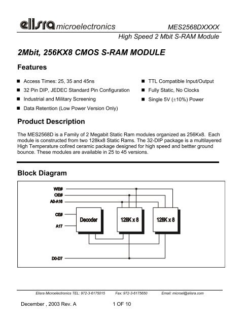 2Mbit, 256KX8 CMOS S-RAM MODULE