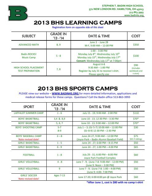 All Summer Camps and Workshops - Stephen T. Badin High School