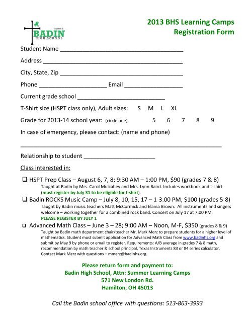 All Summer Camps and Workshops - Stephen T. Badin High School