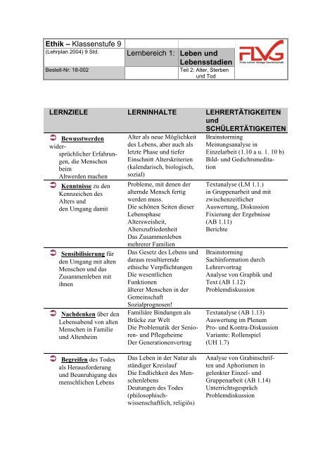 Ethik – Klassenstufe 9 Lernbereich 1: Leben und Lebensstadien