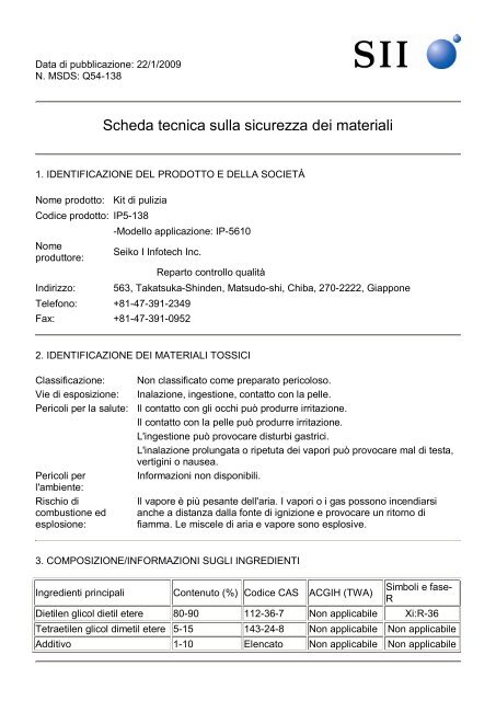 Scheda tecnica sulla sicurezza dei materiali - Seiko I Infotech Inc.