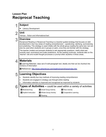 Lesson Plan: Reciprocal Teaching - youth literacy canada