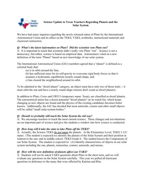 Science Update To Texas Teachers Regarding Planets And The