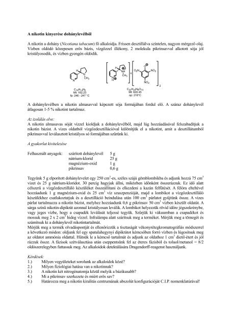 A nikotin kinyerése dohánylevélből A nikotin a dohány (Nicotiana ...