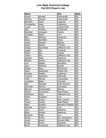Linn State Technical College Fall 2012 Dean's List