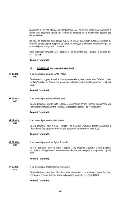 24 aoÃ»t 2009 - Commission scolaire des Hautes-RiviÃ¨res