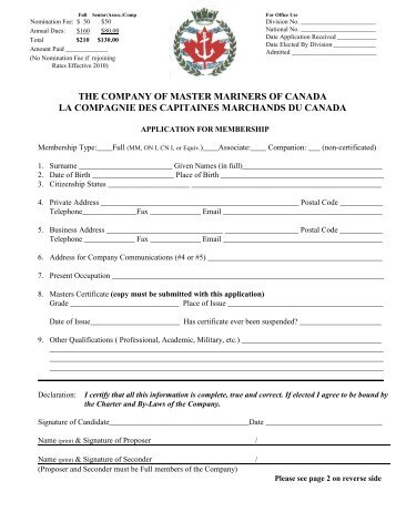 blank Application Form - Company of Master Mariners of Canada