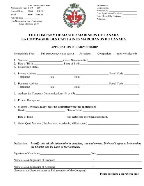 blank Application Form - Company of Master Mariners of Canada