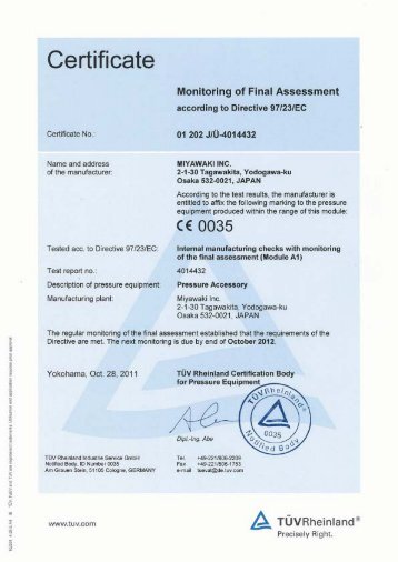 Certificate - Directive 97/23/EC - MIYAWAKI