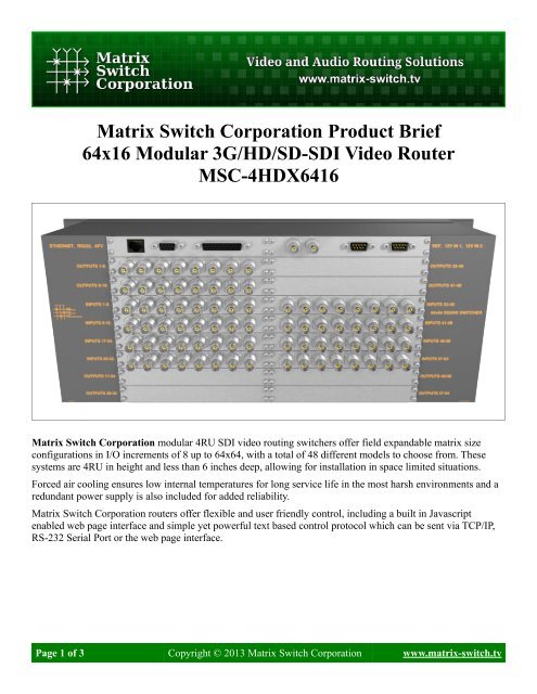 Matrix Switch Corporation Product Brief 64x16 Modular 3G/HD/SD ...