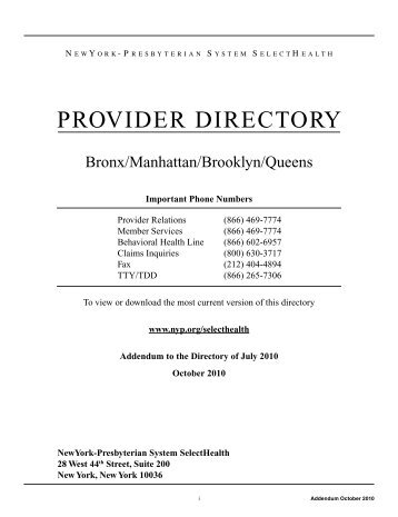 PROVIDER DIRECTORY - New York Presbyterian Hospital