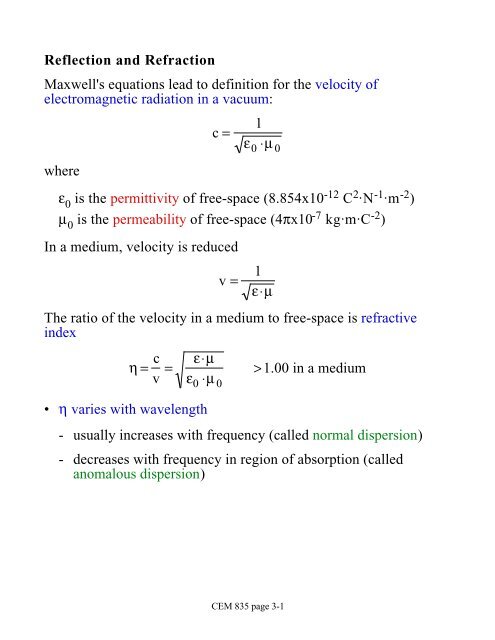 Reflection and Refraction Maxwell's equations lead to definition for ...