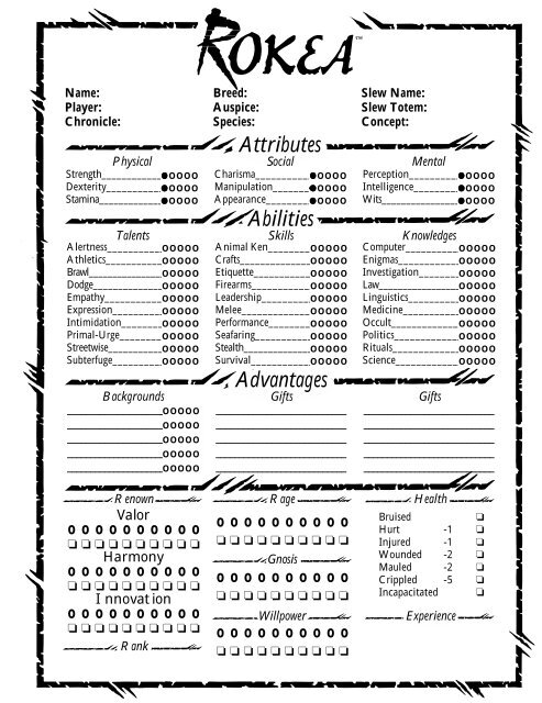 Werewolf: The Apocalypse Rokea - RPG Sheets