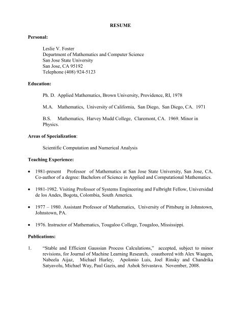 RESUME Personal - Department of Mathematics - San Jose State ...