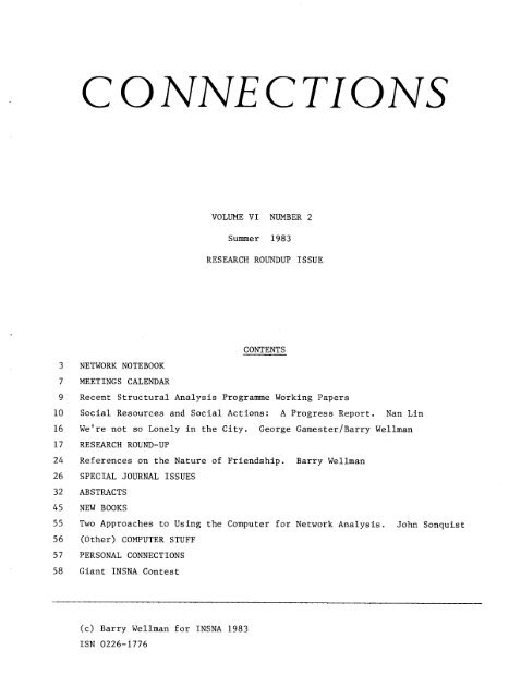 (1983). Research Round-Up. Connections, 6 (2) - INSNA
