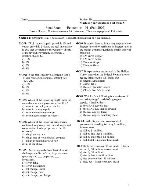 Final Exam - Economics 101 (Fall 2007)