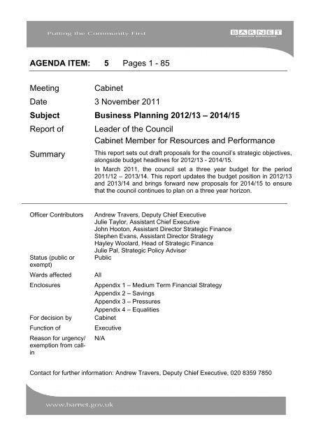 AGENDA ITEM: 5 Pages 1 - 85 Meeting Cabinet Date 3 November 