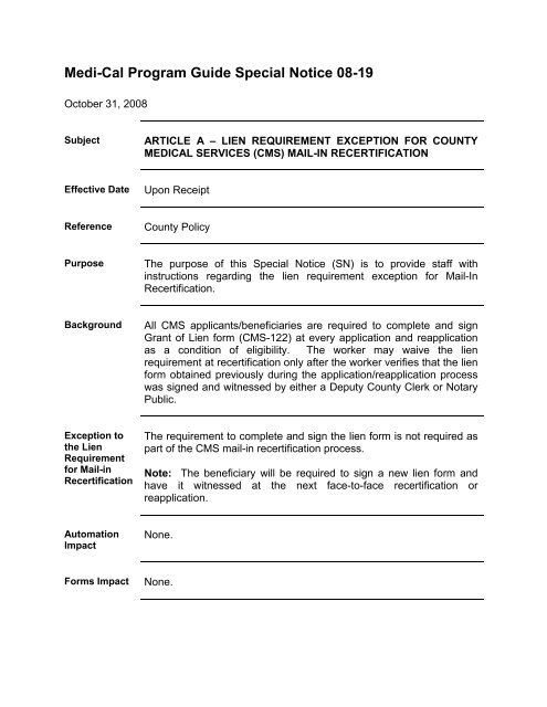 SN 08-19 CMS Lien Requirement for Mail-Ins - HHSA Program Guides