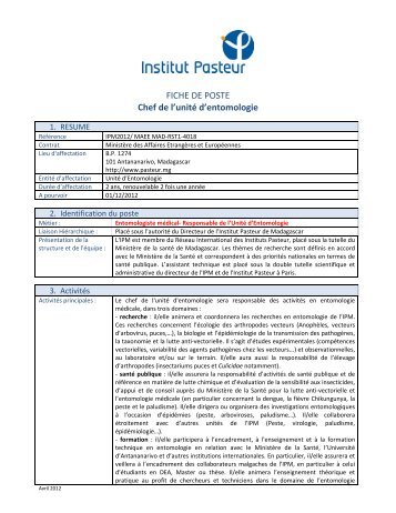 FICHE DE POSTE Chef de l'unitÃ© d'entomologie - EDENext