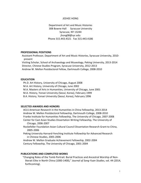 Jeehee Hong CV - College of Arts and Sciences - Syracuse University