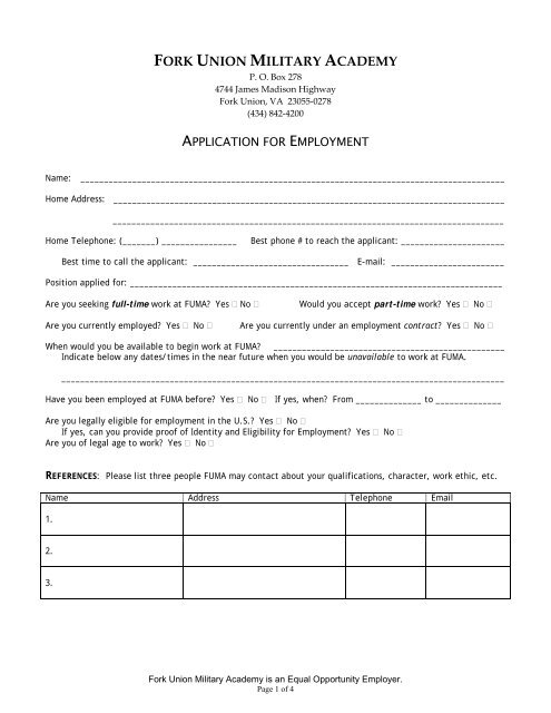 Employment Application - Fork Union Military Academy