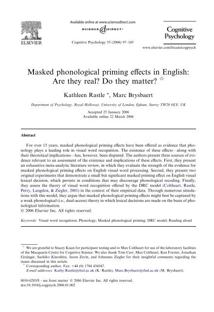 Masked phonological priming effects in English - Center for Reading ...