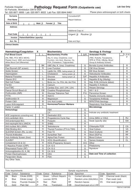 Pathology request form - Parkside Hospital