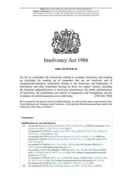 Insolvency Act 1986 - MoneyClaimsUK