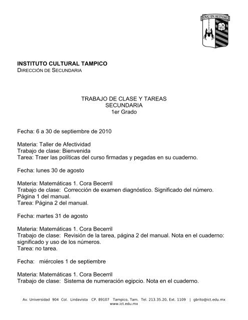 INSTITUTO CULTURAL TAMPICO TRABAJO DE CLASE Y TAREAS ...
