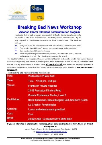 Breaking Bad News Breaking Bad News Workshop - Alfred Hospital