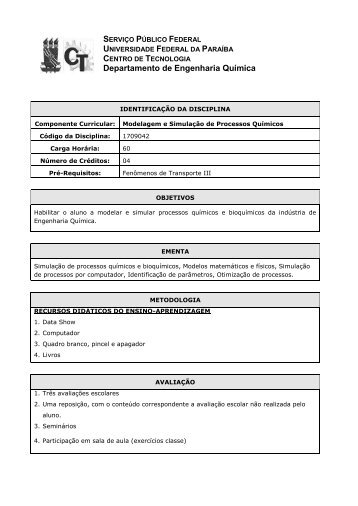 Modelagem Simulação de Processos - CT-UFPB - Universidade ...