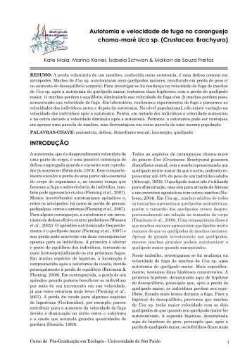 Autotomia e velocidade de fuga no caranguejo chama-maré Uca sp ...