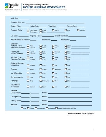 HOUSE HUNTING WORKSHEET