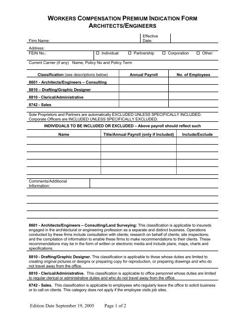 workers compensation premium indication form architects ... - Willis