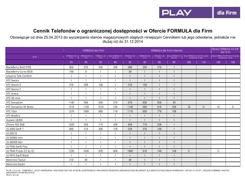 Cennik Telefonów w Ofercie FORMUŁA dla Firm