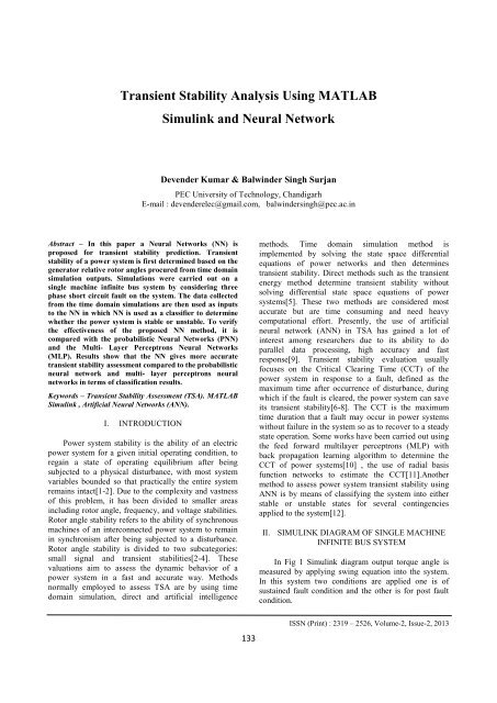 Transient Stability Analysis Using MATLAB Simulink and ... - IRD India