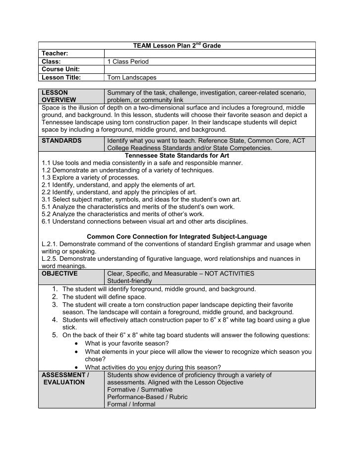 DREAM Visual Art Integration Lesson Plan Format & Rubric Lesson ...